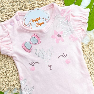 Kit 3 Peças - Bodys Manga Curta Cachorrinha com Flores - Rosa, Off White e Rose